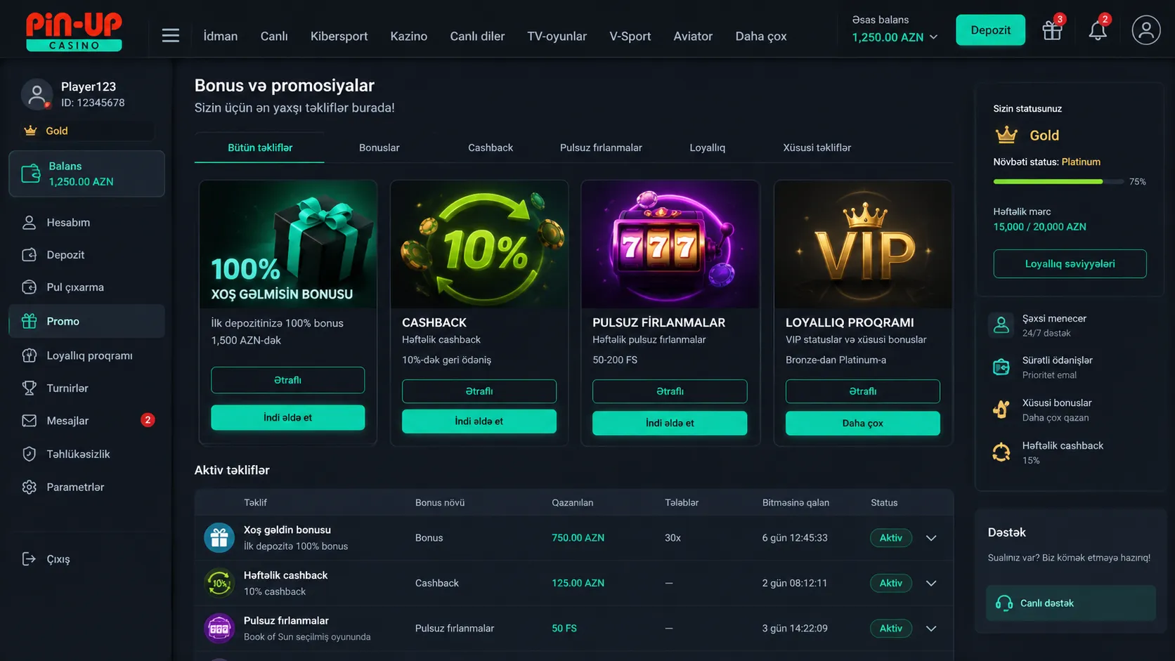 Pin-Up Casino giriş sonrası bonus və promosiyalar